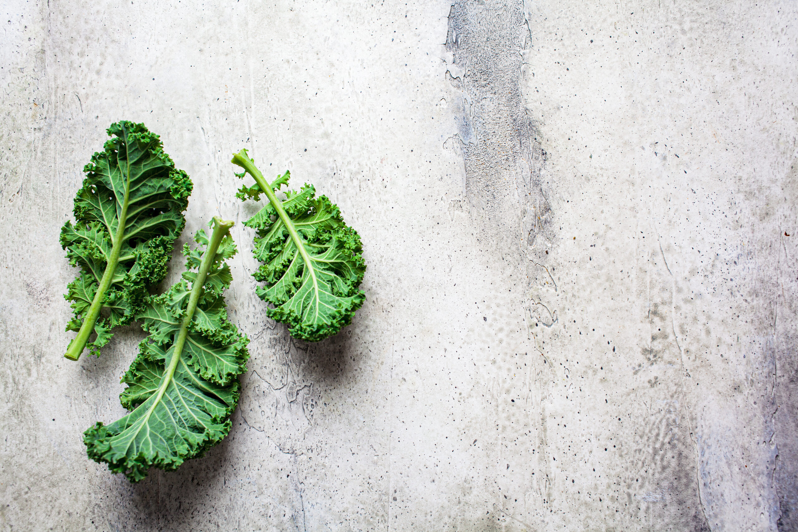 Feuilles de chou fris&eacute; vert frais sur un fond de marbre blanc et gris