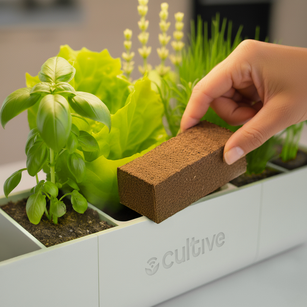 Recharge de graines plac&eacute;e en train d'&ecirc;tre ins&eacute;r&eacute;e dans le potager d'int&eacute;rieur connect&eacute; Cultive