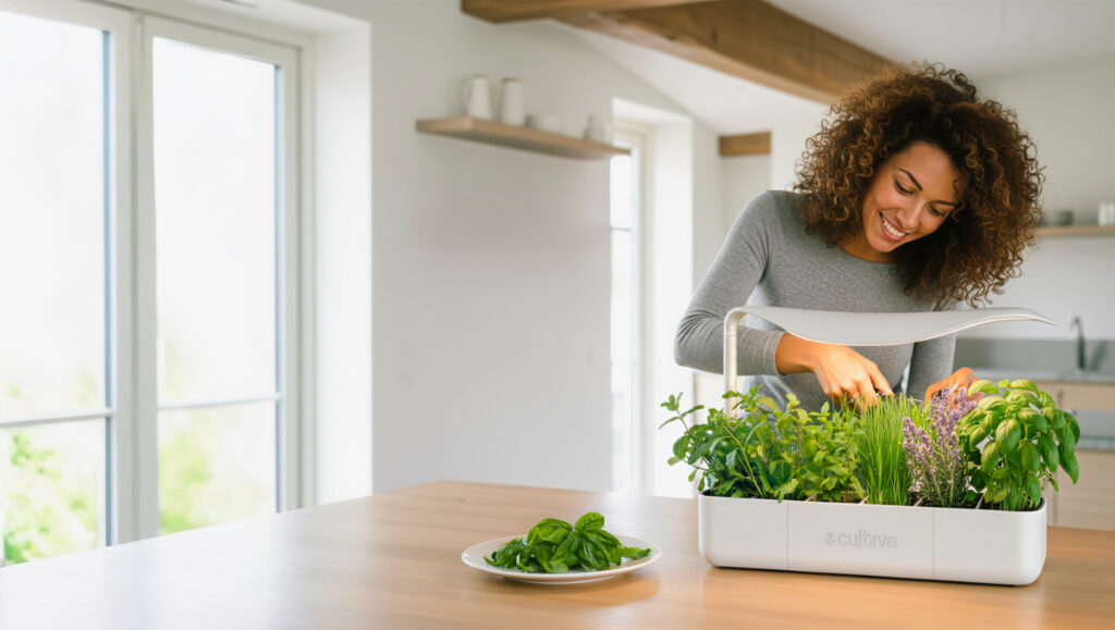 Photo d'une femme noire aux cheveux boucl&eacute;s qui entretient ses plants dans son potager d'int&eacute;rieur connect&eacute; Cultive dans une cuisine ouverte