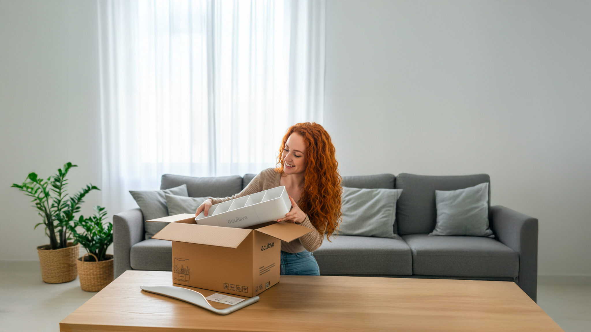 Une jeune femme installée dans son salon déballe son potager connecté Cultive pour la première fois.
