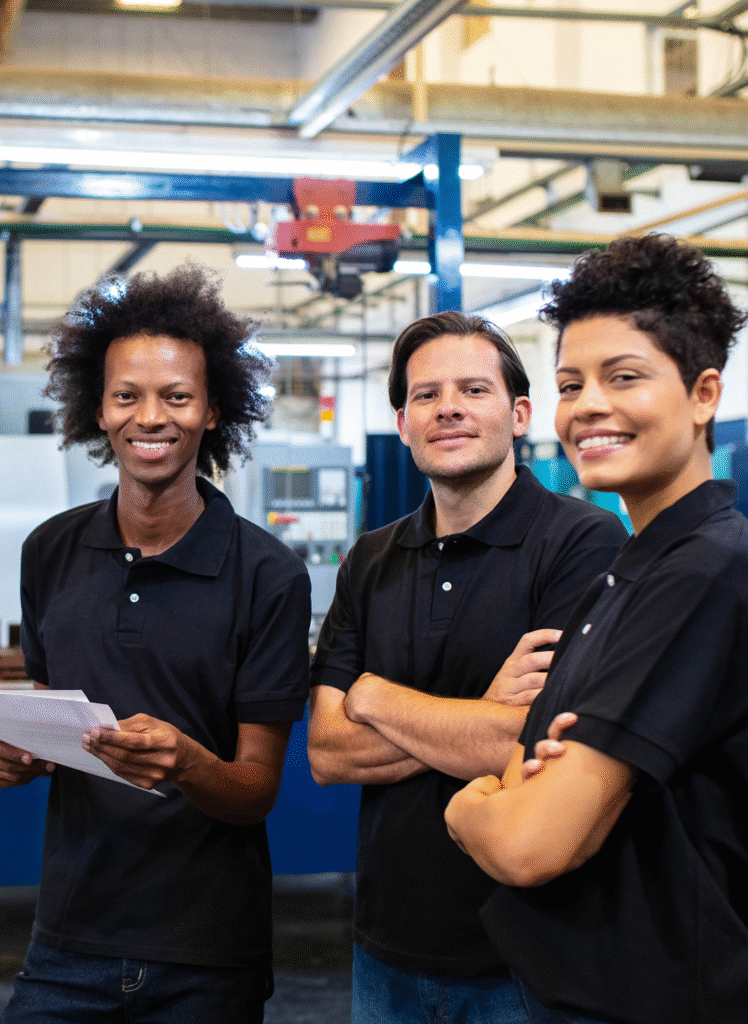 Trois travailleurs et travailleuses dans une usine qui finissent un contrôle qualité, et qui sourient à la caméra.