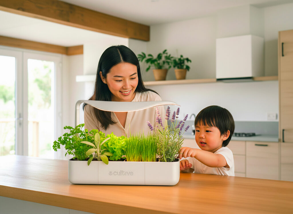 Une maman et son enfant utilisent le potager connect&eacute; d'int&eacute;rieur blanc Cultive dans une cuisine lumineuse
